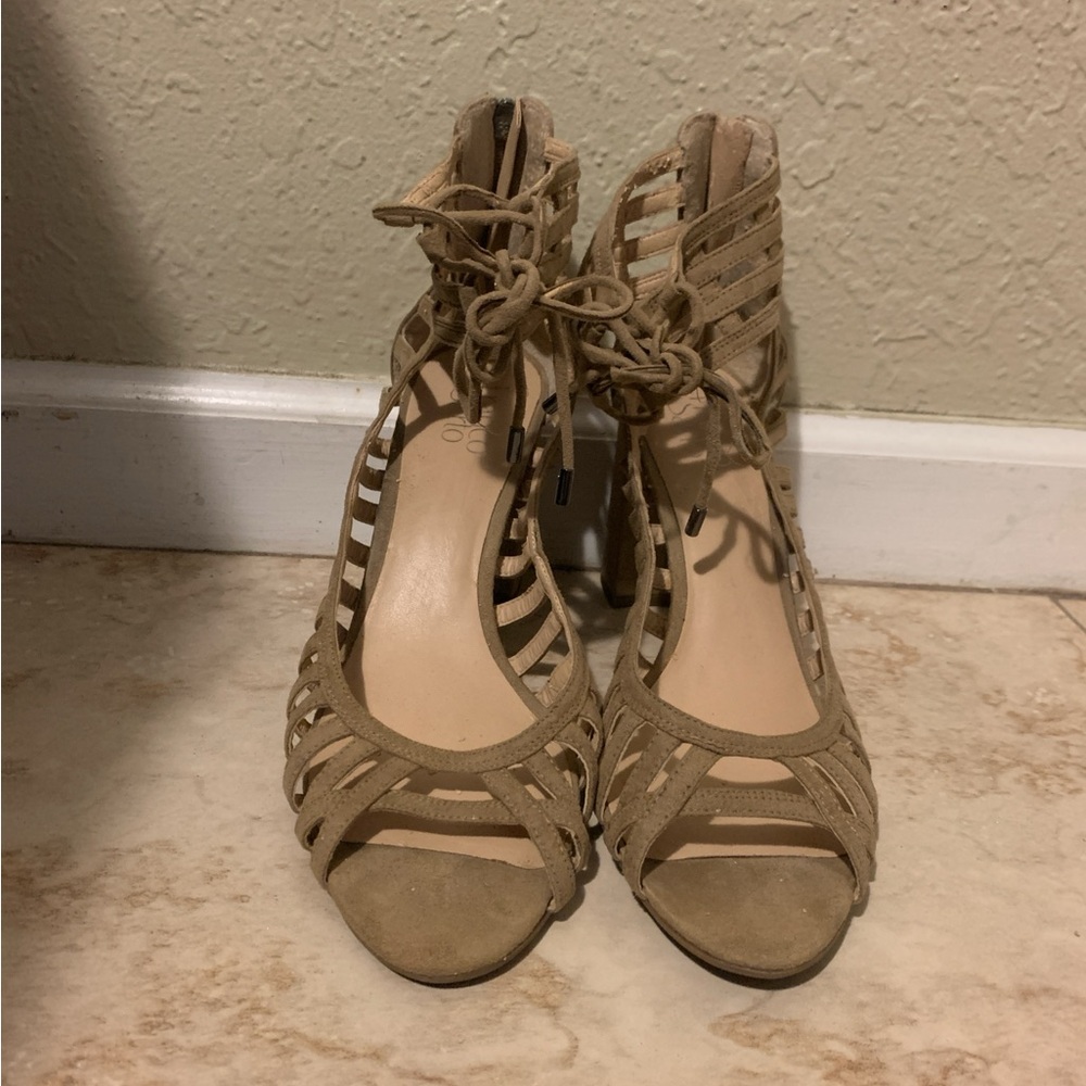 Tan lace up heels with 3.5” heel